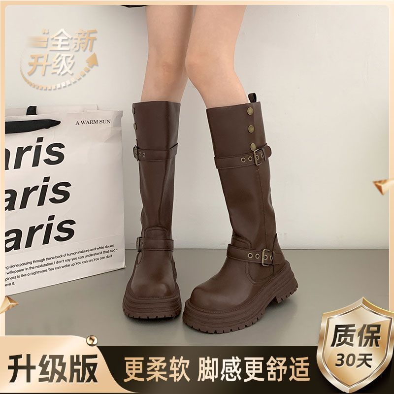 Jin Bukang Brown Retro British Style Thick Heel Thick Bottom Boots Women'S New Knight Boots - Image 1